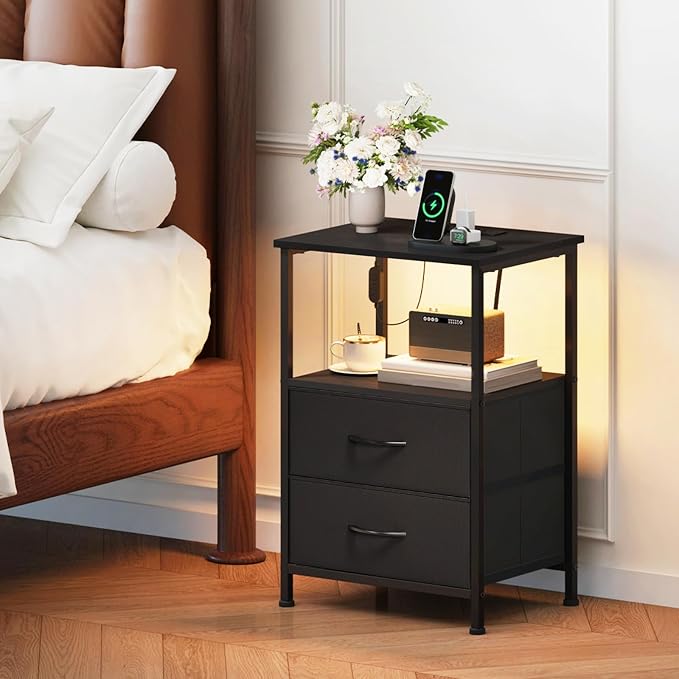 Somdot Nightstands Set of 2 with 2 Drawers, Charging Station & LED Light | Open-Shelf End Tables for Bedside, Dorm, Guest Room, Kids Room, Bedroom, Entryway and Hallway, Black