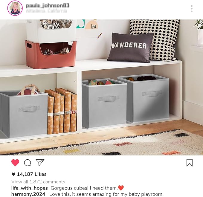 Storage Cubes, 11 Inch Cube Storage Bins for Shelves (10 Pack), Fabric Collapsible Storage Bins with Dual Handles, Foldable Cube Baskets for Magazines, Closet Organizers and Storage Box (Grey)