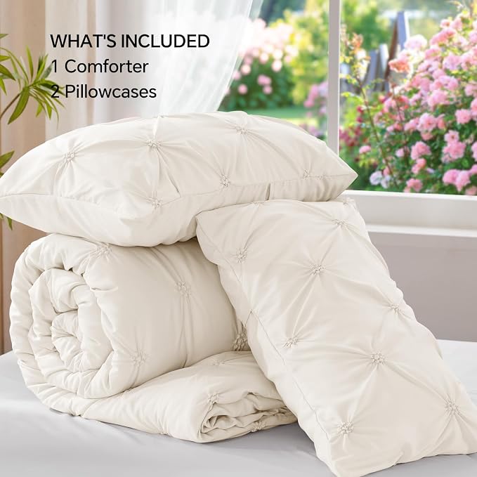 BEDELITE Queen Comforter Set Cream White,Lightweight & Soft Comforter | Pintuck Boho Bedding, Warm & Cute Bed Set for All Season,With 2 Pillowcases