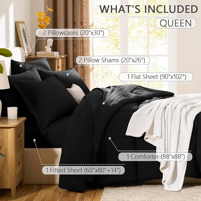Queen Comforter Set, 7-Piece Bed in a Bag, Black | OEKO-TEX Certified, Box-Stitched Design, 240 GSM Down Alternative Fill, All-Season Comfort, Sheets, Pillowcases & Shams