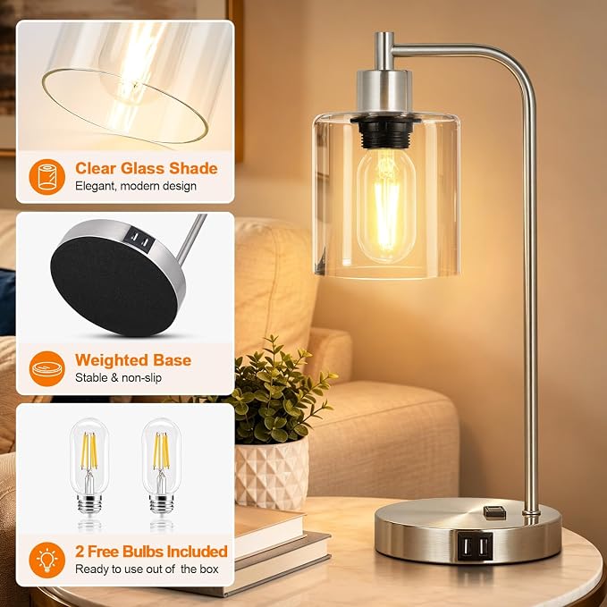 Industrial Touch Control Table Lamps Set of 2 - Brushed Nickel Nightstand Bedside Lamps with 2 USB Ports & AC Outlet, 3-Way Dimmable Desk Lamp for Bedroom Living Room, Glass Shade & LED Bulbs Included
