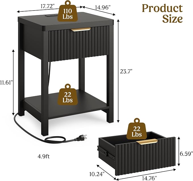 Night Stand Set 2, Fluted Wood Nightstands w/Charging Station for Bedroom | Black, Storage Drawer, Open Shelf, Metal Silent Rails, Round Corners, Modern Fluted Panel, Living Room, Bedside Table