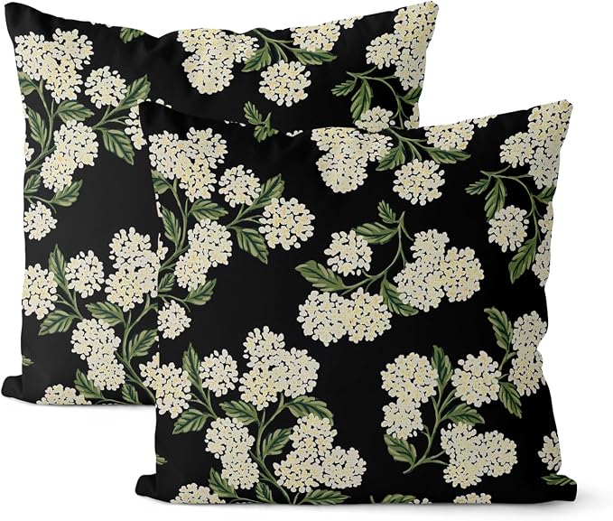 Black Spring Pillow Covers 16x16 Inch 2 Pcs Green Hydrangea Flower Decor Throw Pillows Vintage Floral Seasonal Summer Outdoor Decoration Pillowcase Linen Cushion Cover for Couch Sofa