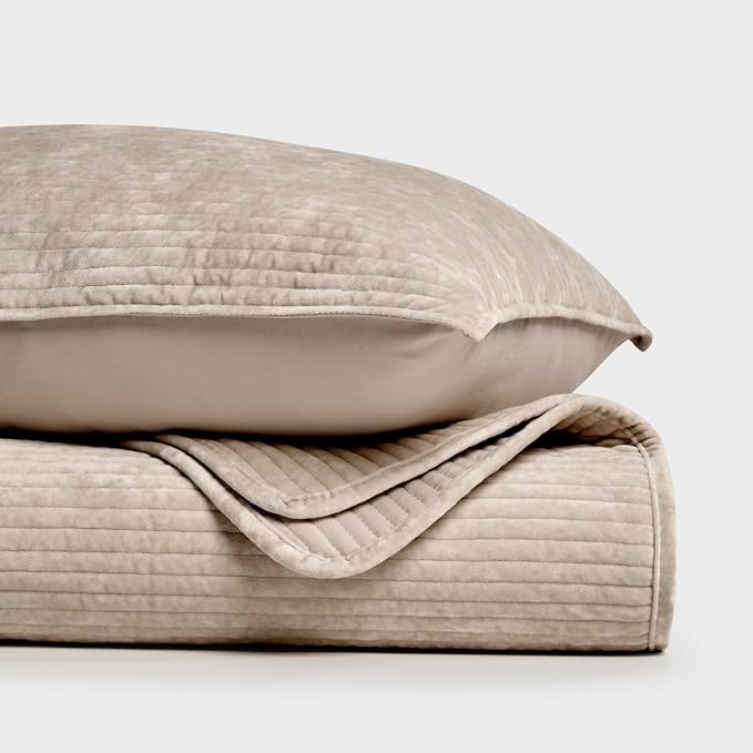 Striped Channel Velvet Quilt Set, Queen Size, Urban Taupe | Luxurious Soft Lightweight Velvet Comforter, Oversized Bedspread Coverlet, Quilted Bedding Set for All Season, with 2 Shams