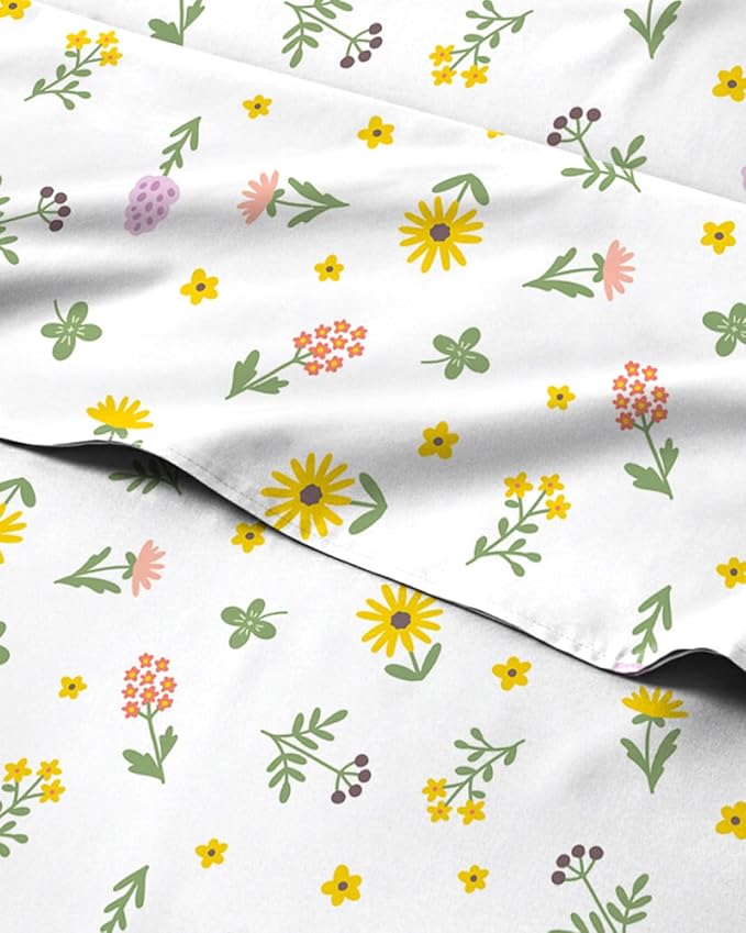 King 4 Piece Floral Sheet Set - Soft, Breathable & Cooling - Sunshine Daisy | 1 Flat, 1 Fitted & 2 Pillowcases w/ Deep Pockets, Boho Botanical Floral Bedding, Breathable & Cooling, Wrinkle & Fade Free