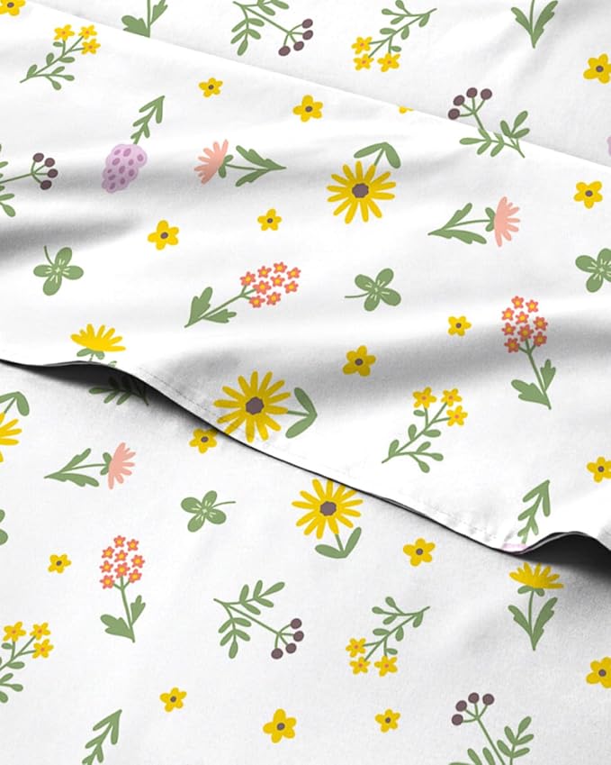 Full 4 Piece Floral Sheet Set - Soft, Breathable & Cooling - Sunshine Daisy | 1 Flat, 1 Fitted & 2 Pillowcases w/ Deep Pockets, Boho Botanical Floral Bedding, Breathable & Cooling, Wrinkle & Fade Free