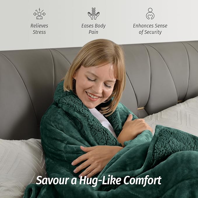 Sherpa Fleece Weighted Blanket for Adult 15 lbs Queen 60"x80" Green | Better Sleep, Relax Body & Mind, Dual Sided Soft Fuzzy Heavy Throw Blankets, Plush Flannel Top, Chunky Fluffy, Warm Hug