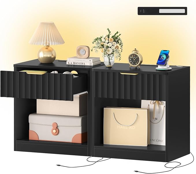 Fluted Nightstands Set of 2, Night Stand with Charging Station and LED Light, Nightstand with Storage Drawer and Open Shelf, Bedside Table for Small Space, Bedroom, Black