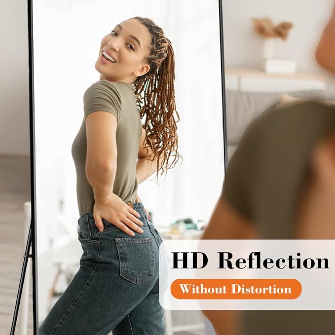 21"x64" Mirror Full Length, Upgraded Body Wall Mirrors | Shatter-Proof Glass, Floor Standing, Hanging or Leaning, Tall Mirror with Stand Aluminum Alloy Frame for Bedroom, Black
