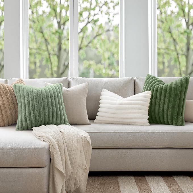 MIULEE Faux Fur Decorative Throw Pillow Covers 18x18 Set of 2 Sage Green | Modern Soft Plush Couch Pillows, Cozy Fluffy Cushion Covers for Sofa Bed Living Room Home Decor