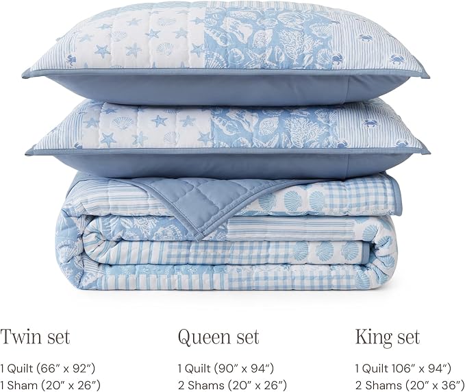 King Quilt Set-3 Pieces Soft Bedding Lightweight Floral Patchwork Coverlet | All Seasons Quilts Queen Size for Bed, 1 Quilt (106" x 94") and 2 Shams (20" x 36"), Vintage Bedspread, Sea Blue