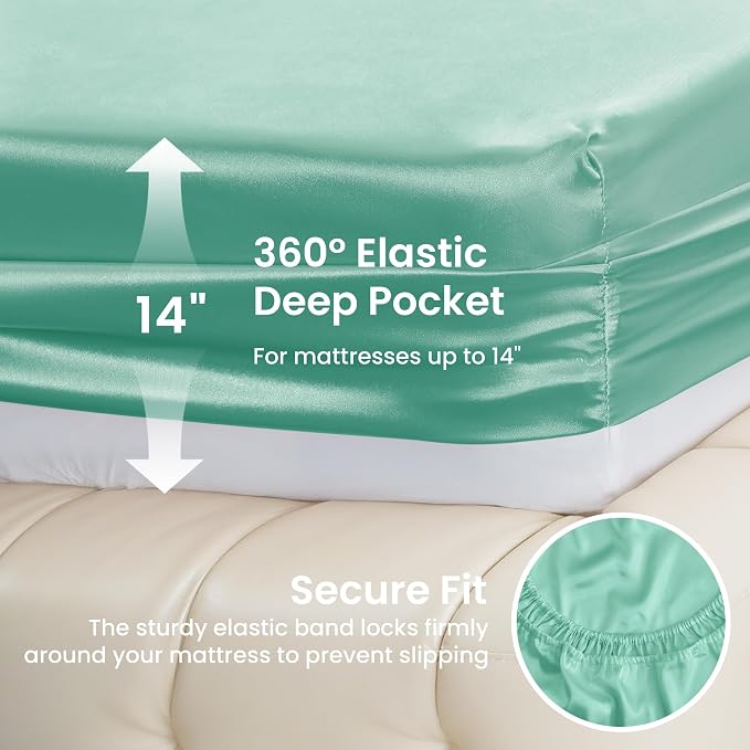Love's cabin Satin Twin Sheets Set, 3 Piece Aqua Silky Bed Set | Luxury Silk Feel Satin Twin Size Bedding Set with Deep Pocket (1 Flat Sheet,1 Fitted Sheet,1 Pillow case)