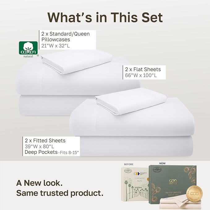 California Design Den 2 Pack 600 Thread Count Twin XL Bed Sheets Set, White | 100% Cotton Sateen Backed by Good Housekeeping Seal, Soft & Smooth, All-Around Elastic, Durable, Easy Care