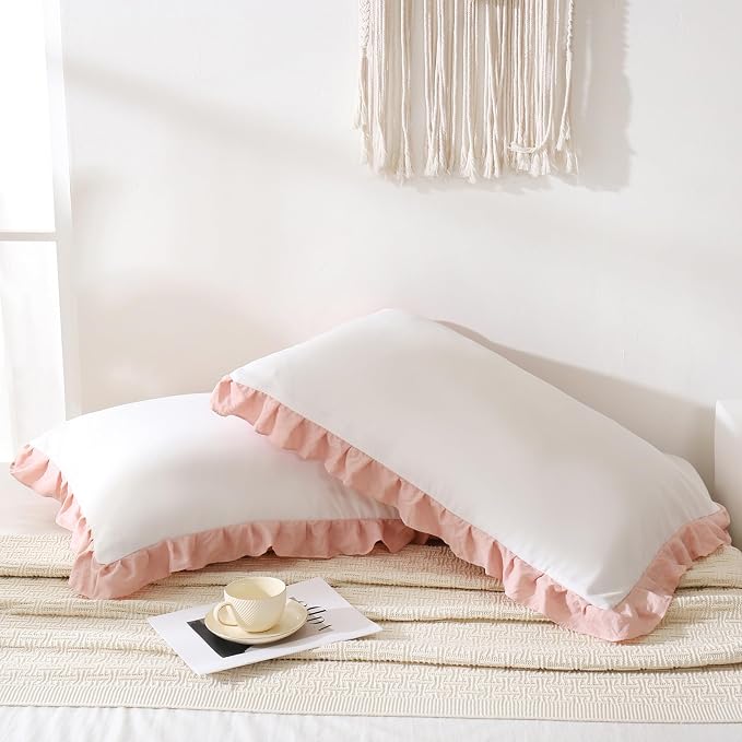 Merryword Pink Pillow Shams White and Pink Reversible King Pillowcases Cute Pillow Cover Set of 2 Soft Shabby Chic Ruffled Pillowcases 2 Pack (King (20''x36''), White Pink)