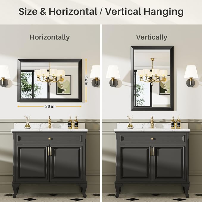 Black Metal Framed Bathroom Wall Mirror, 24x36 Inch | Anti-rust, HD tempered glass, for bathroom vanity, bedroom, living room, horizontal or vertical mount