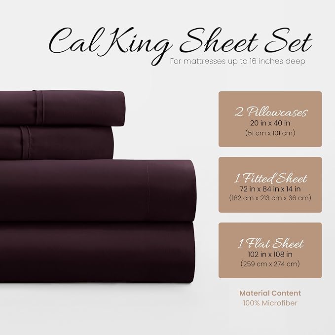 Linen Market Bed Sheets for California King Size Bed (Purple) - Sleep Better Than Ever With These Soft and Cooling California King Sheets - Deep Pocket Fits 16" Thick Beds - 4 Piece Cal King Sheet Set