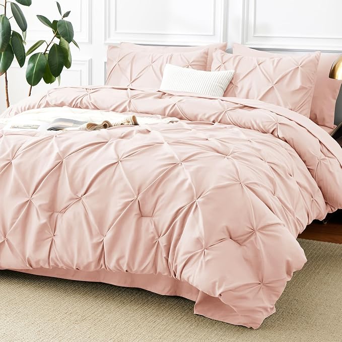 HIMEET Queen Comforter Set Peach Pink - 7 Pieces Pintuck Bed in a Bag | OEKO-TEX Certified, 240GSM Down Alternative Comforter, 14" Deep Pocket Fitted Sheet + Flat Sheet + 2 Pillowcases + 2 Shams