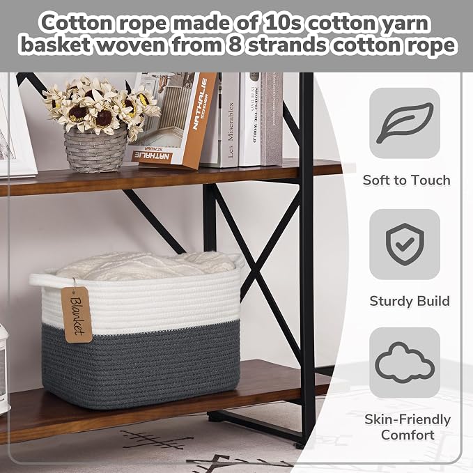 Goodpick Woven Rope Storage Basket for Shelves, Rectangle, Dark Gray | 13" × 10" × 9" Stylish Gift Basket for Home Decor, Cotton Rope Baskets for Baby Toys, Books & Towels Storage, Writable Label