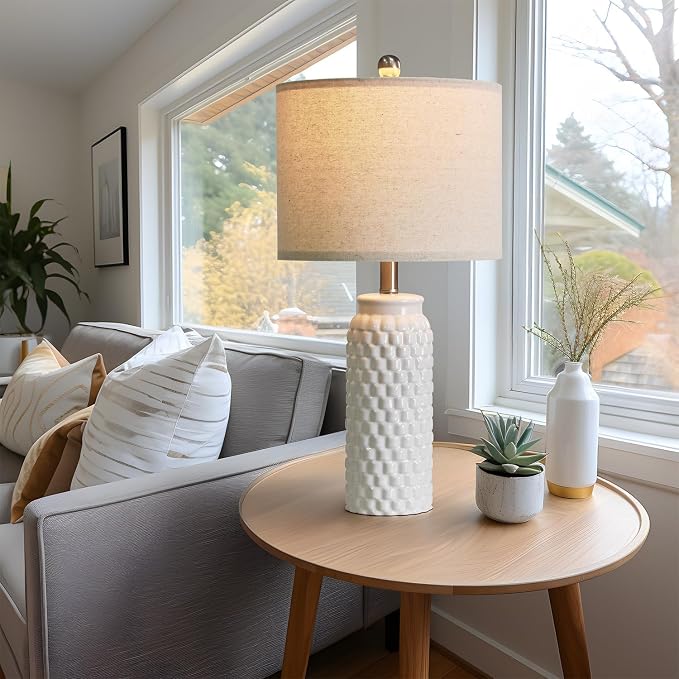 USumkky 24" Modern Ceramic White Bedside Lamp Set of 2 Table Lamp for Bedroom Decor Farmhouse Table Lamp for Living Room Office Dorm