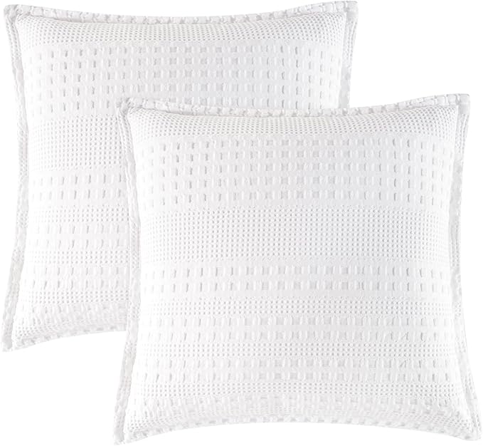 PHF 100% Cotton Ruffle Waffle Weave Euro Sham Covers, 2 Pack 26" x 26" Bed Pillow Covers for Elegant Home Decor, No Filling, Luxury Aesthetic Euro Pillow Cases for Bed, White