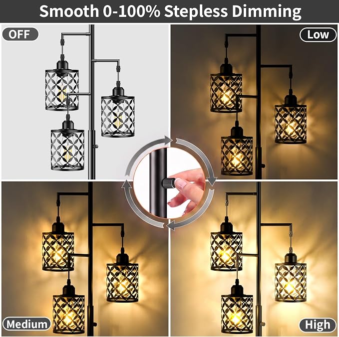 72" Industrial Tree Floor Lamp, Dimmable Farmhouse Tall Stand Light with Metal Cages & Rotary Dimmer Knob, Corner Decor Lighting for Living Room Bedroom Cafe, 3 x 800LM Bulbs Included-Black