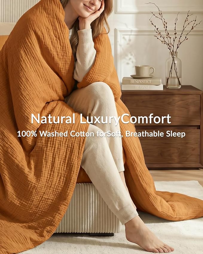 SE SOFTEXLY Muslin Duvet Cover Queen Size, 100% Washed Cotton Duvet Cover Set, Ultra Soft Comforter Cover Linen Like, 3 Pieces Minimalist Gauze Duvet Cover with 2 Pillowcases, 90"x90", Pumpkin