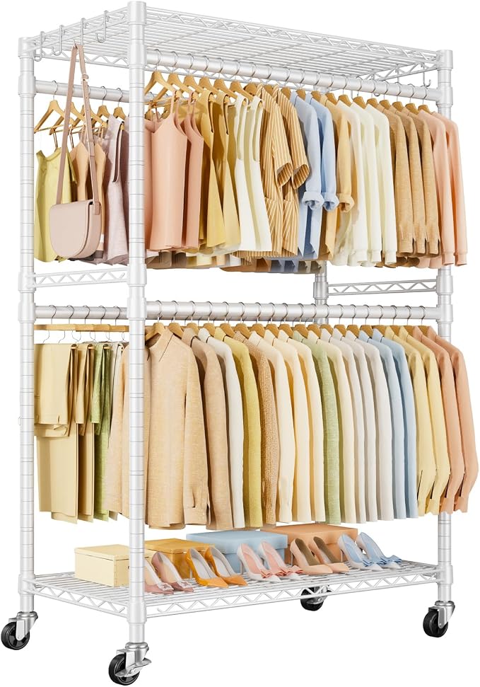 Rolling Clothes Rack, Clothing Racks for Hanging Clothes, White | P4 Plus Heavy Duty Garment Rack with Wheels, Free Standing Portable Closet Racks 45''W × 20.5''D × 80.5''H, Max Load 570 Lbs