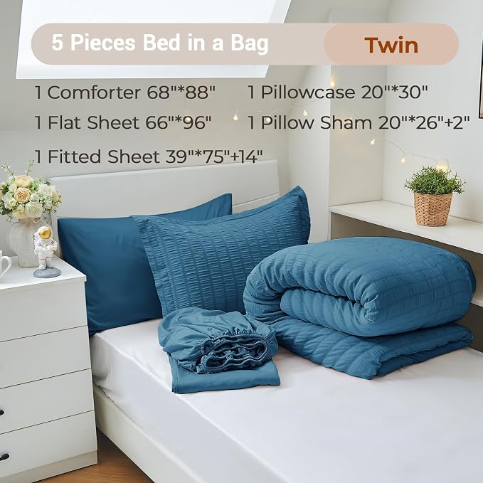 5 Pieces Twin Comforter Set, Seersucker Bed in a Bag Twin Size, All Season Luxury Bedding Set with Comforter, Flat Sheet, Fitted Sheet, Pillowcase & Sham, Teal