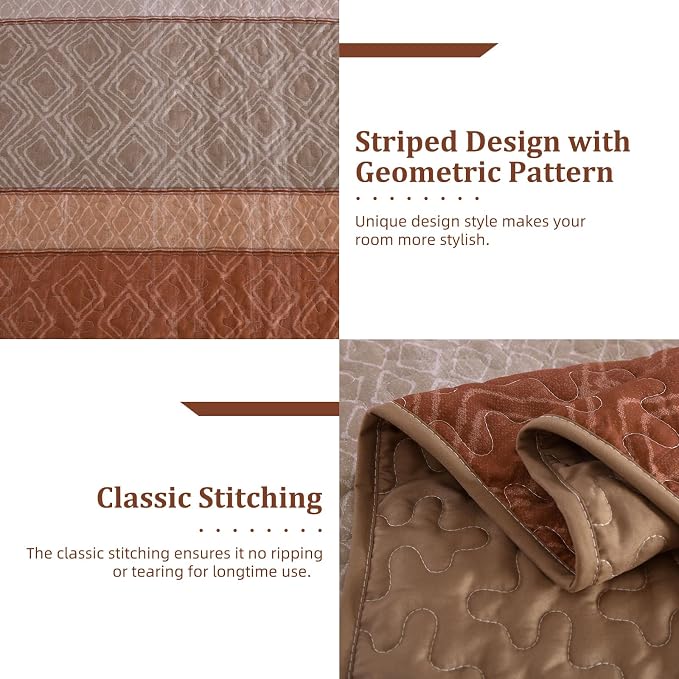 Cottolester Boho Quilt Set Queen,3 Pcs Red Orange Striped Plaid Bedspread | Ultra Soft Fall Lightweight Coverlets Set for Men Women,Microfiber Patchwork Quilt Bedding Sets for All Seasons 96"x90"