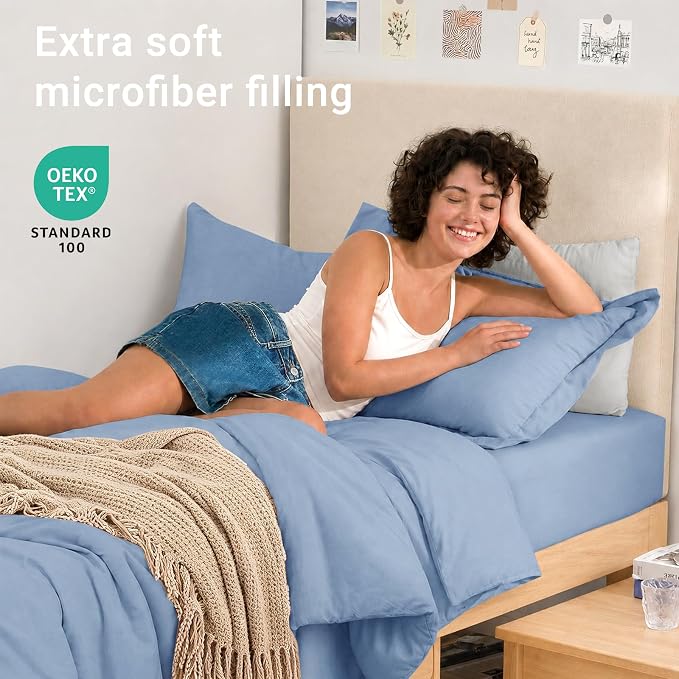 5 Pieces Twin XL Comforter Set, Soft Bed in a Bag Twin XL Size, All Season Bedding Set with Comforter, Flat Sheet, Fitted Sheet, Pillowcases & Shams, Greyish Blue