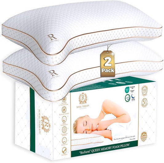 Royal Therapy King 2-Pack Memory Foam Pillow, Adjustable Shredded Odor-Free Cut-Out Bed Pillow for Neck & Shoulder Pain Relief, Breathable Support for Back, Stomach, Side Sleepers, BioForm