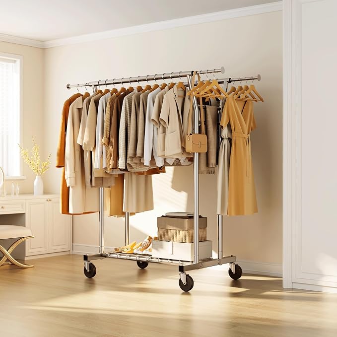 HYSEYY Heavy Duty Clothes Rack, Rolling Clothing Rack for Hanging Clothes with Shelves Load 700LBS,Portable Garment Wardrobe Closet Rack with Wheels for Bedroom,Laundry Room,Retail Store,Silver
