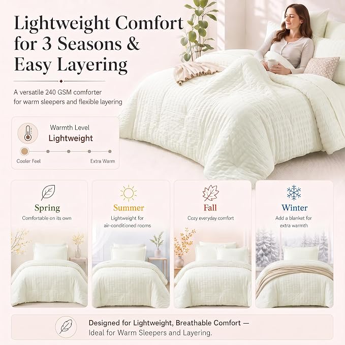 California King Comforter Set 7-Piece Ivory Seersucker Bed in a Bag | OEKO-TEX Certified, Cal King Bedding Sets with 240 GSM Down Alternative Comforter, Flat & Fitted Sheets, Pillowcases & Shams