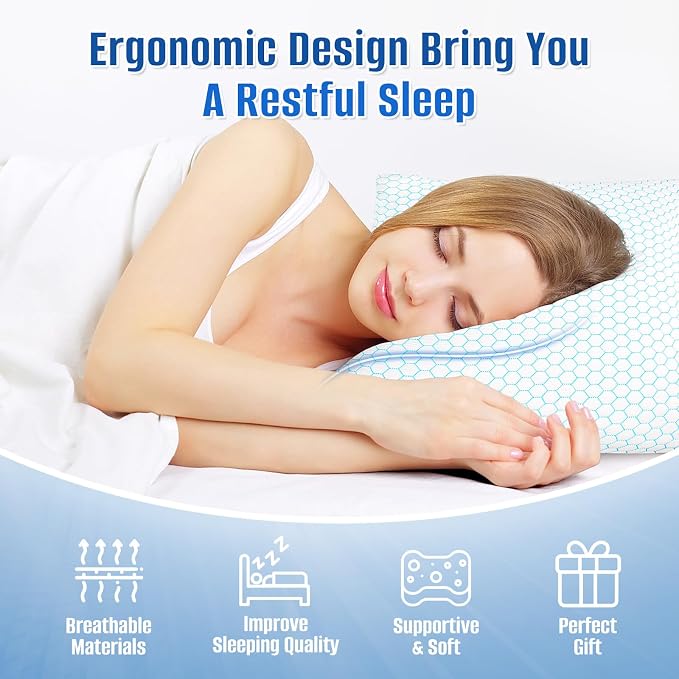 CushyOasis Cooling Pillow for Sleeping, Pillows King Size Set of 2, Blue | CertiPUR-US Shredded Memory Foam Pillows, Cool Bed Pillow for Hot Sleepers, Adjustable Firm for Side, Back, Stomach Sleepers