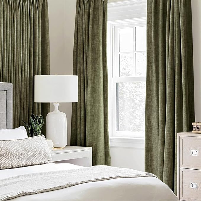 MIULEE 100% Blackout Linen Curtains for Bedroom 52x90 Light Olive Green | Room Darkening, Light Blocking, Thermal Insulated, Grommet Top, Linen Textured, Window Curtains for Living Room, 2 Panels
