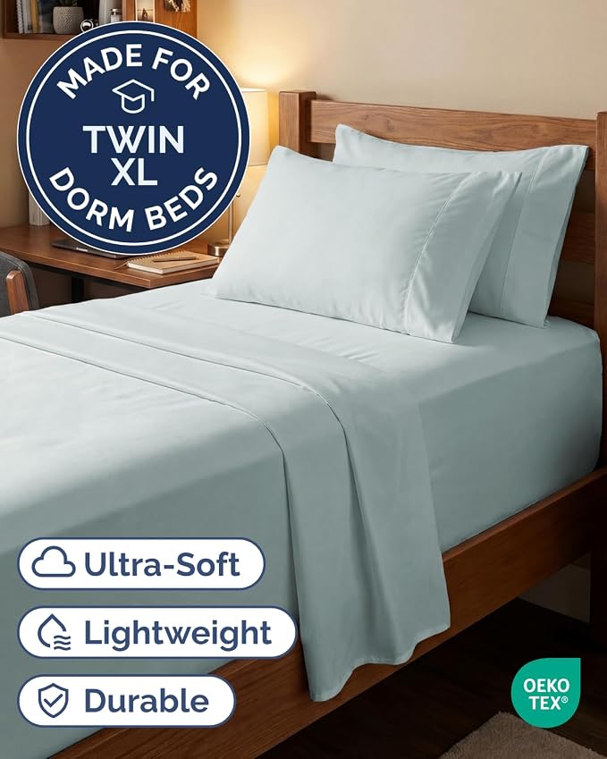 Extra Deep Twin XL Sheet Set - 4 Piece College Dorm Room - Ice Blue | College Dorm Room Essentials, Easy & Secure Fit, Ultra-Soft, Wrinkle & Fade Free, Comfy Sheets Set with Extra Deep Pockets