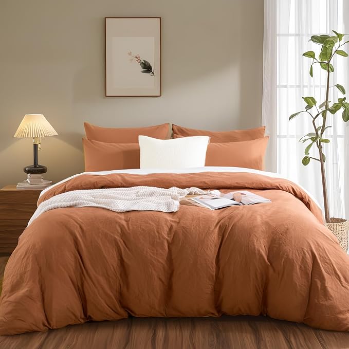 NEXHOME PRO Duvet Cover Set 100% Washed Cotton Oversized King 120"x98" Linen Feel Textured Organic Natural 3 Pieces Bedding Set Terracotta Burnt Orange with Zipper Closure Breathable(No Comforter)