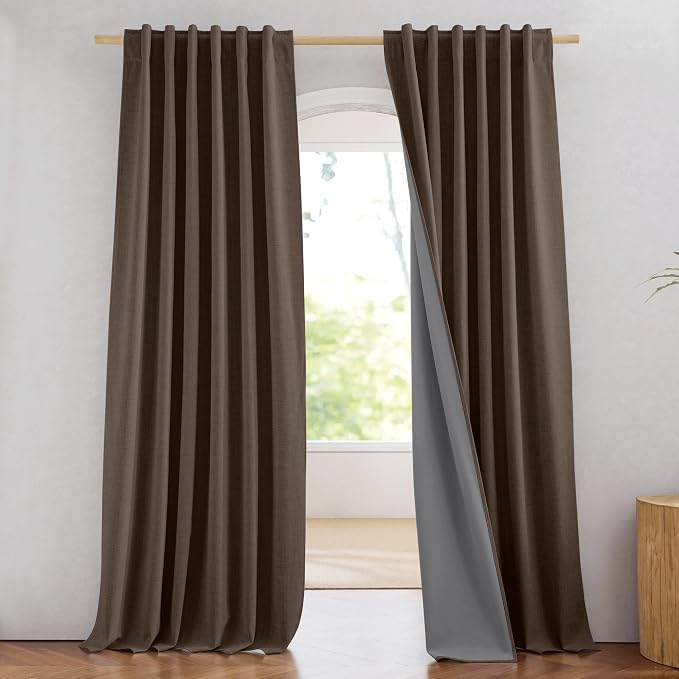 NICETOWN 100% Blackout Brown Curtains for Living Room 2 Panels Linen Blend | Bedroom Curtains for Light Sensitive Sleepers Noise Reducing, Privacy Protection, Thermal Insulated, W52" x L84" per Panel