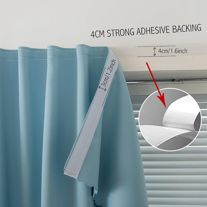 Self Adhesive Curtains, Black Out Shade for Window, Blackout Fabric Temporary Window Coverings Easy to Hang Curtains No Rod Needed, Use for Bedroom, Room, Kitchen, 47"W X 59"L, Lake Blue, 2 Panels