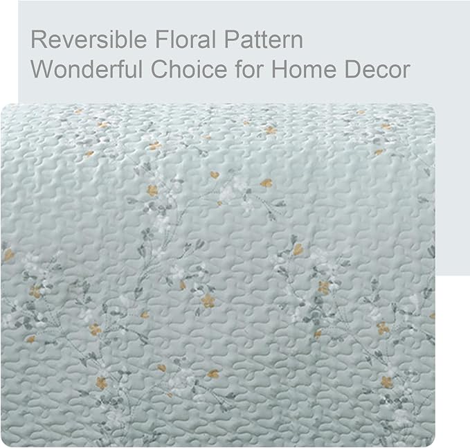 Exclusivo Mezcla Reversible Boho Quilts Queen Size Aqua | Lightweight Soft Bedspreads, All Season Flowers Coverlet Bedding Set, Printed Floral Pattern, 1 Quilt and 2 Pillow Shams