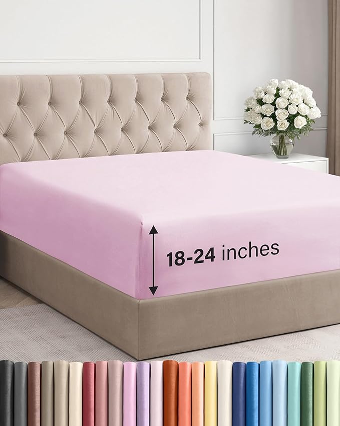 Extra Deep Cal King Fitted Sheet - Single Fitted Sheet Only - Light Pink | Easily Fits 18 inch to 24 inch Mattress, Soft, Wrinkle Free, Breathable & Comfy, Extra Deep Pockets Hotel Luxury Fitted Sheet