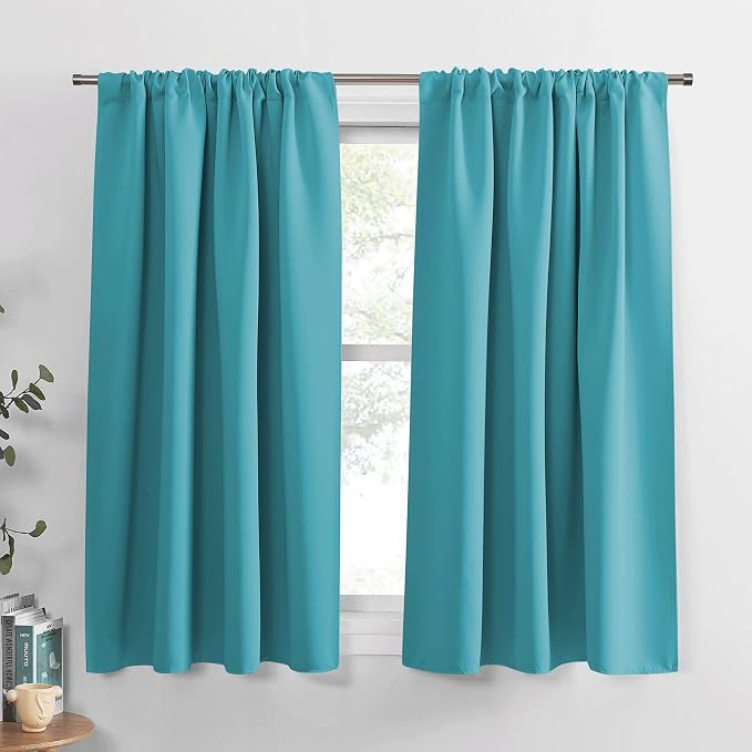 PONY DANCE Blackout Curtains Set - Window Treatments Rod Pocket Draperies Light Block Curtain Panels for Kids' Room Kitchen & Bathroom, W 42 by L 45 inches, Blue Mist, 2 Pieces