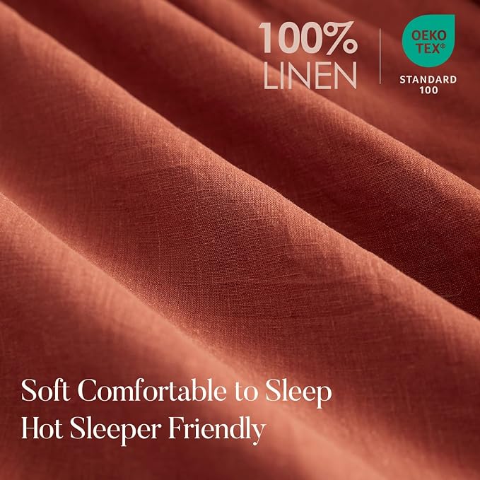 DAPU 100% French Linen Duvet Cover 3Pcs Set, 170GSM Linen Bedding, King | Soft Breathable All-Season for Hot sleepers, Corner Ties & Zipper Closure, French Linen Flax from Normandy, Rust Red