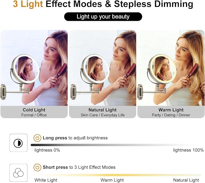 IMIKONA 9" Wall Mounted Lighted Makeup Mirror,4000mAh Rechargeable Double Sided 1X/10X Magnifying Mirror with Light,3 Color Lights,Touch Dimmable,Extended Arm 360 Rotation Wall Mounted Makeup Mirror