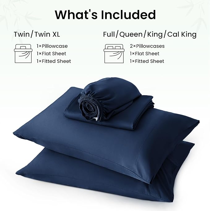Love's cabin 4 Piece California King Size Sheet Set, 100% Rayon Derived from Bamboo, Cooling & Breathable, Soft Silky Deep Pocket up to 16", Hotel Luxury Bedding for Hot Sleepers, Navy