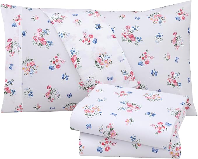 RUVANTI 100% Cotton Percale Sheets Split King Size, Funa Flora | Crisp Cooling, Deep Pocket 16", Soft Breathable & Durable, Hotel-Style, 5 Piece Set