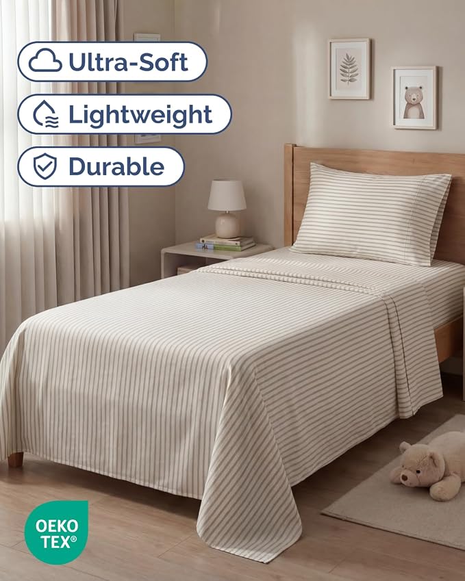 Twin Size 3 Piece Sheet Set - Breathable & Cooling Sheets - Beige Stripes | Hotel Luxury Bed Sheets for Women & Men, Deep Pockets, Easy-Fit, Extra Soft and Wrinkle Free Sheets, Oeko-Tex Bed Sheet Set