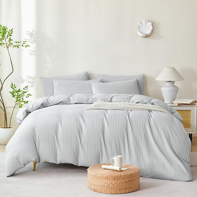Light Grey Comforter Set King Soft Luxury Washed Microfiber Jacquard 3 Pieces Bedding Set, Grey Vertical Ticking Stripes Pattern Comforter with 2 Pillowcases Breathable Durable Comfy