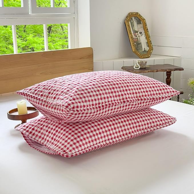 NSNLGSGC Red Gingham King Summer Bedspread Quilt Set | Pre-washed Microfiber,Lightweight Checked Grid Bedding Coverlets for All Seasons