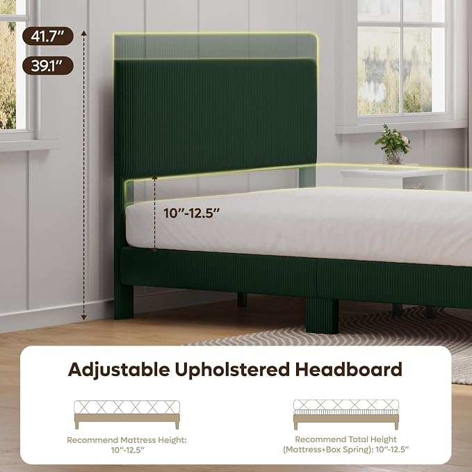 Bestier Full Bed Frame with Adjustable Headboard,LED Light,Green | Easy Assembly,LED Lighting Headboard,No Squeaks,Vertical Channel Corduroy Upholstered,Wood Slats Support,No Box Spring Needed